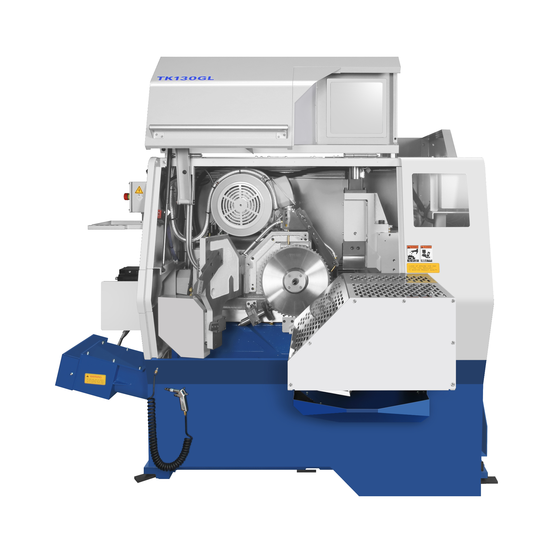 TSUNE TK130GL carbide-tipped cold saw with door open showing blade and cutting head